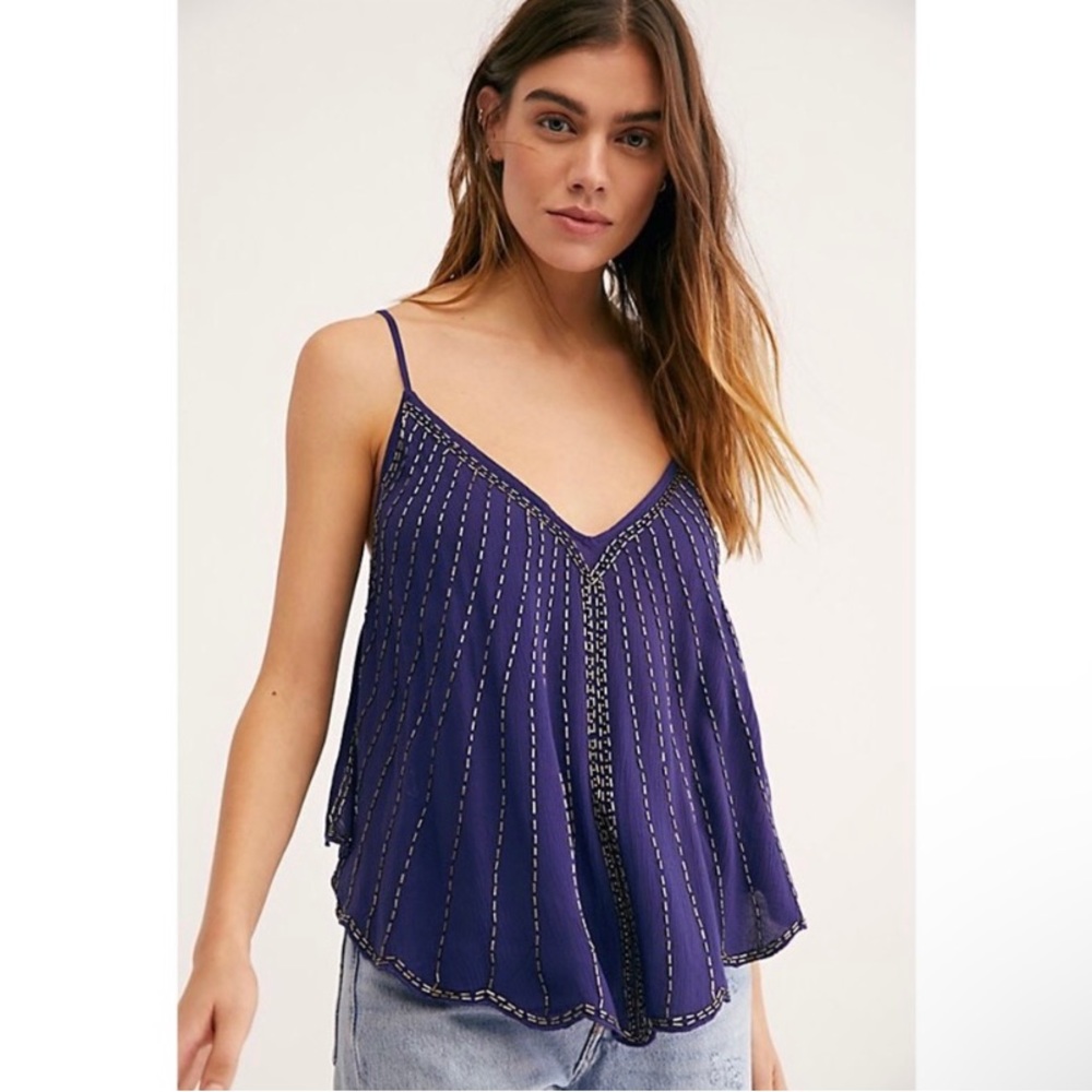 NWT Free People Midnight Blue Beaded Adjustable Strap Flowy Tank Top Size S